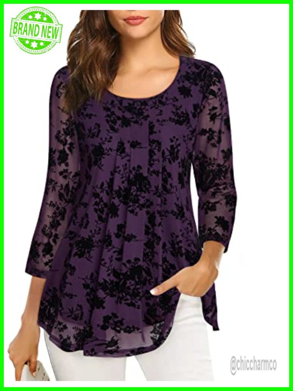 Women's 3/4 Sleeve Tunic Top Floral Blouse Pleated Layered Mesh Shirt